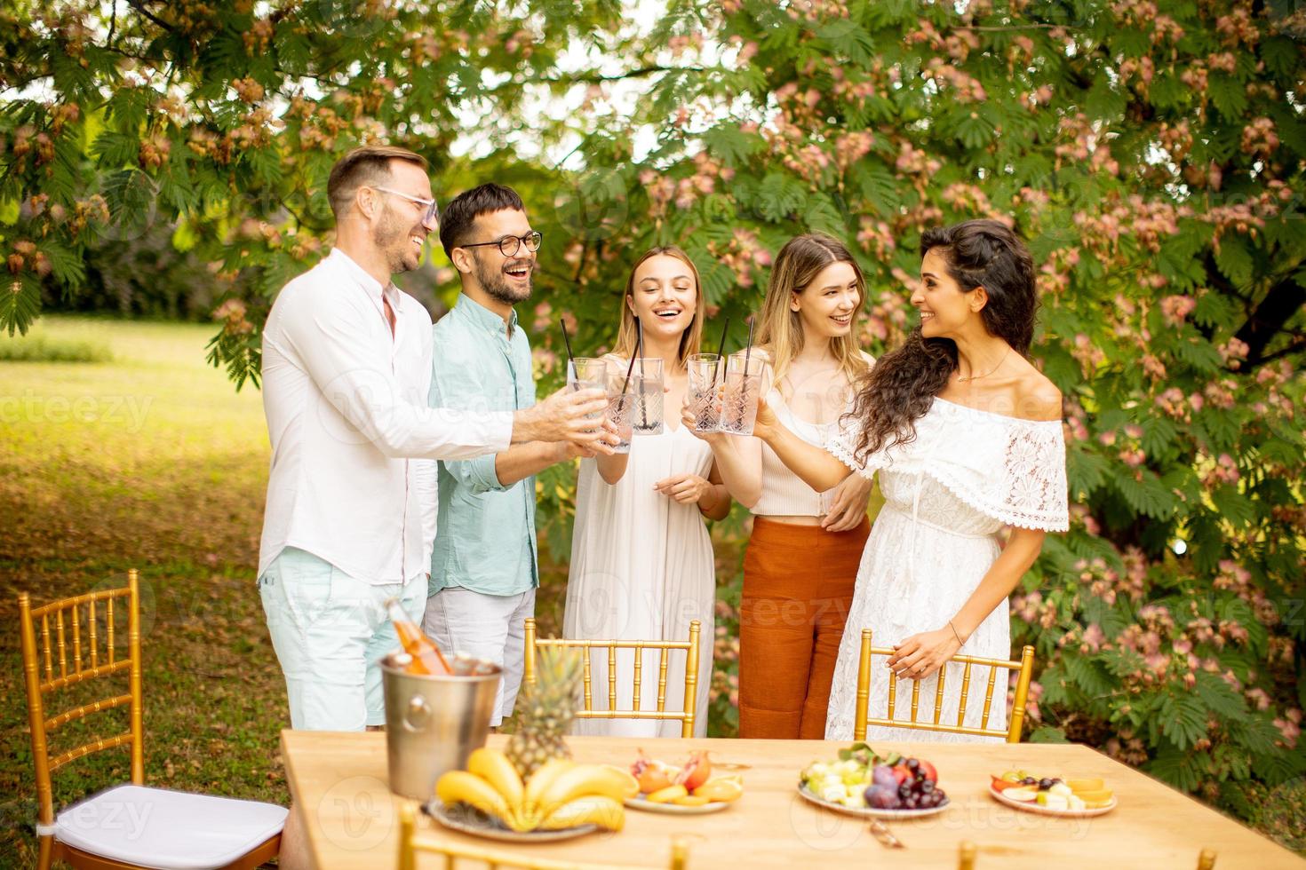 gruppo di contento giovane persone applauso con fresco limonata e mangiare frutta nel il giardino foto