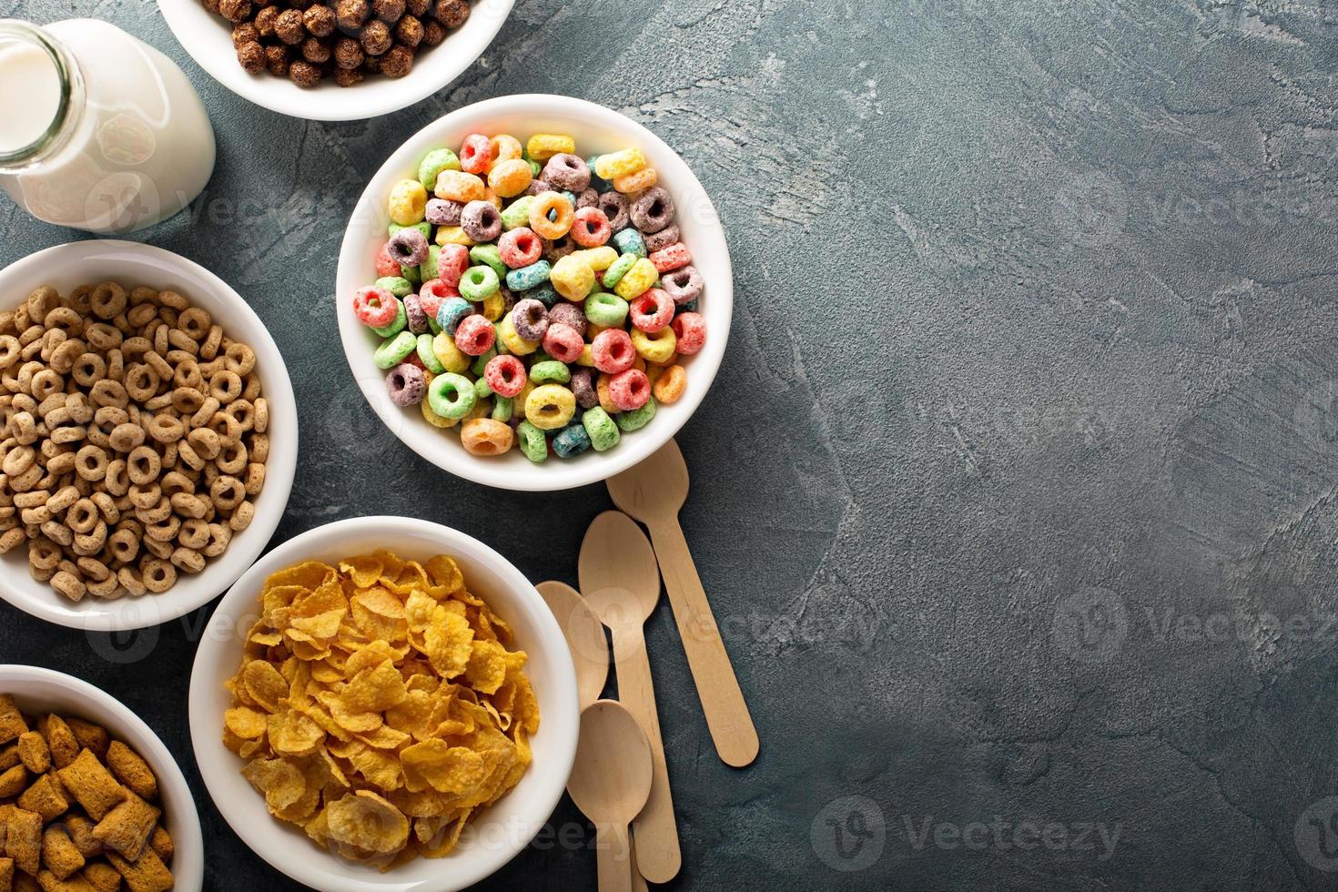 varietà di freddo cereali nel bianca ciotole foto