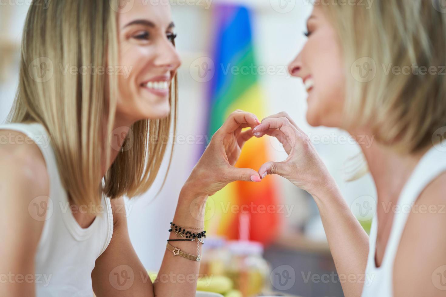 lgbt lesbica coppia amore momenti nel il cucina felicità concetto foto