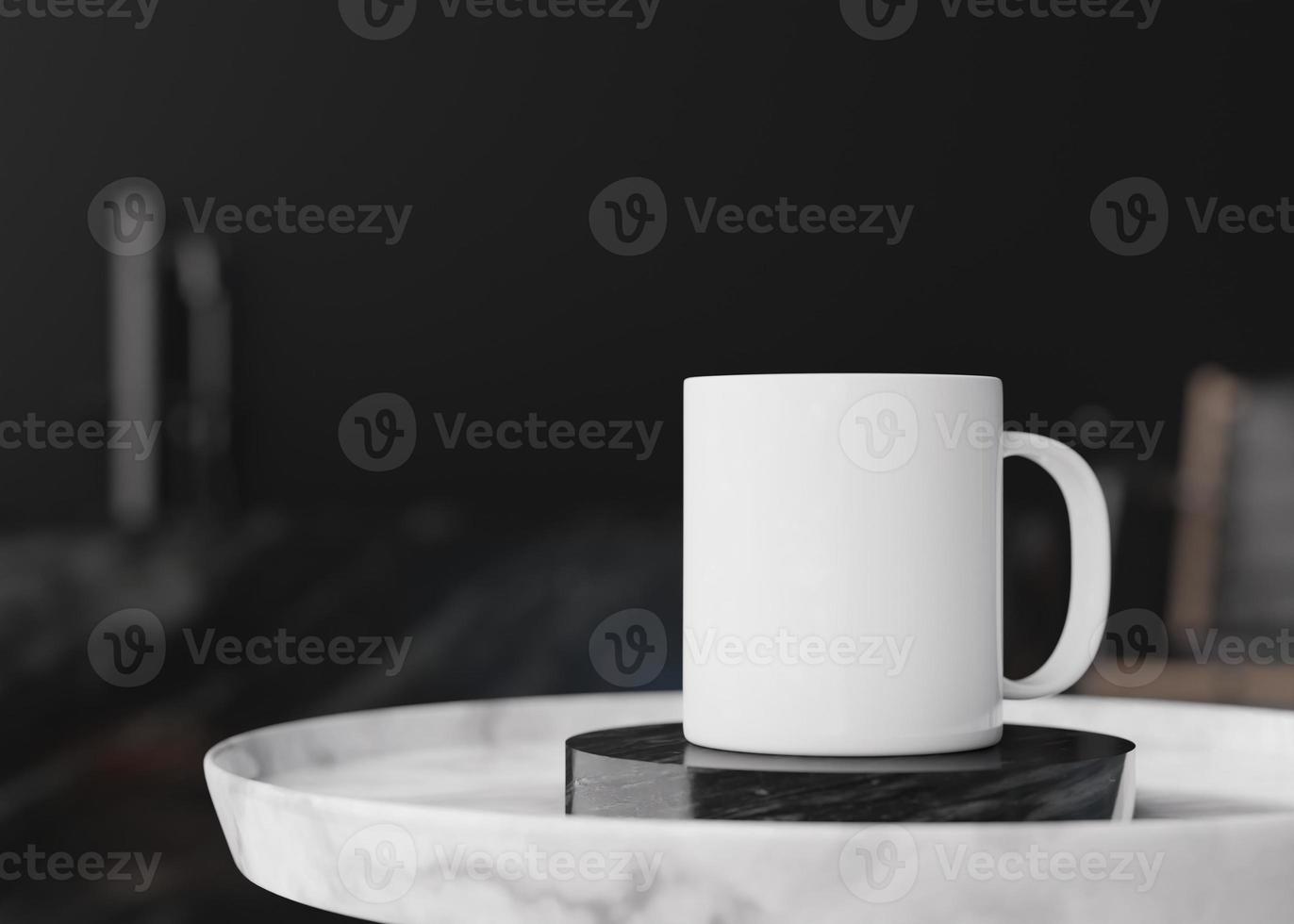 bianca boccale finto su. vuoto modello per il tuo disegno, pubblicità, logo. avvicinamento Visualizza. copia spazio. tazza in piedi su caffè tavolo nel moderno interno. minimalista caffè tazza modello. 3d resa. foto