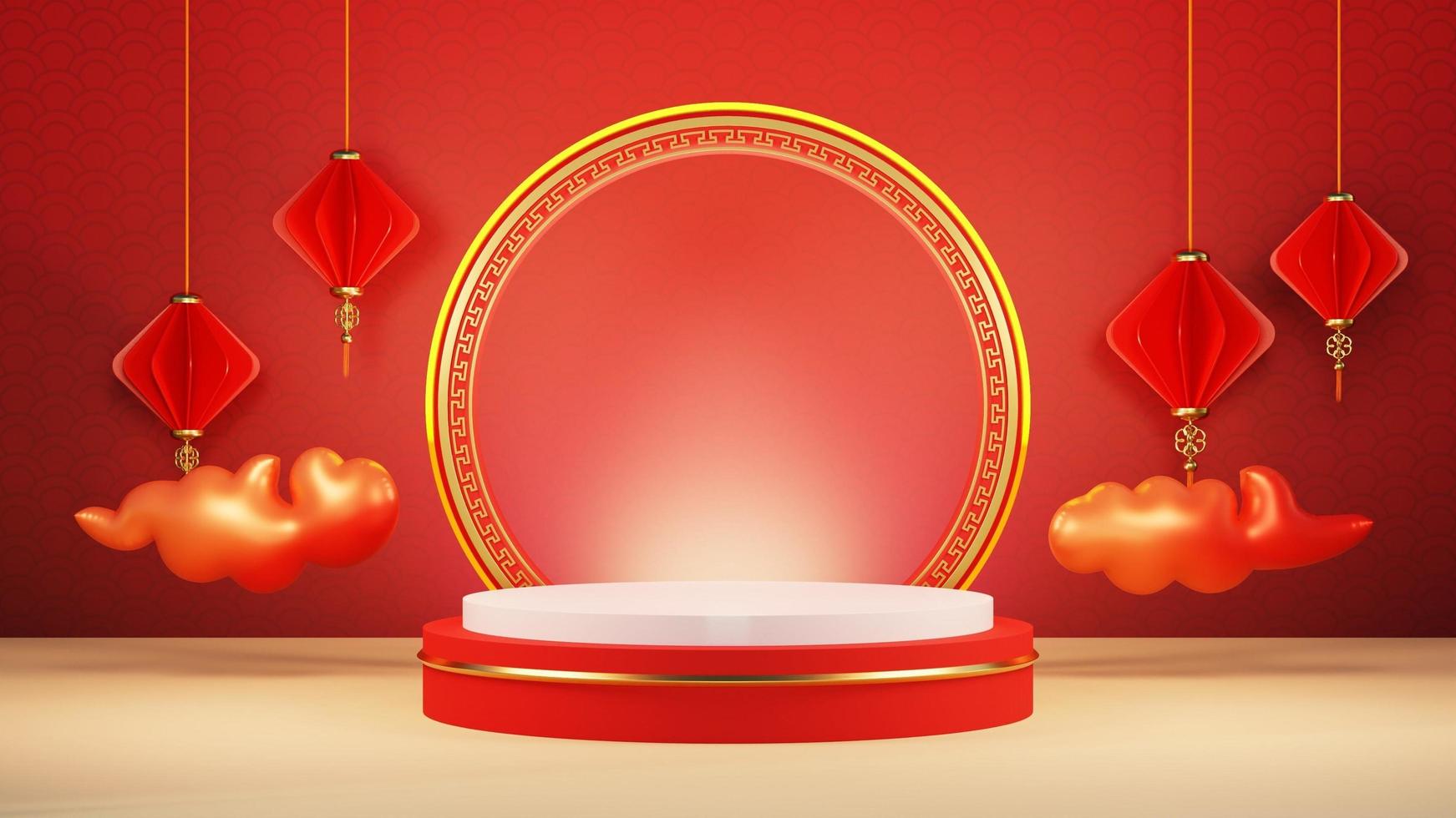 3d illustrazione di Cinese nuovo anno con podio e Cinese lanterna foto