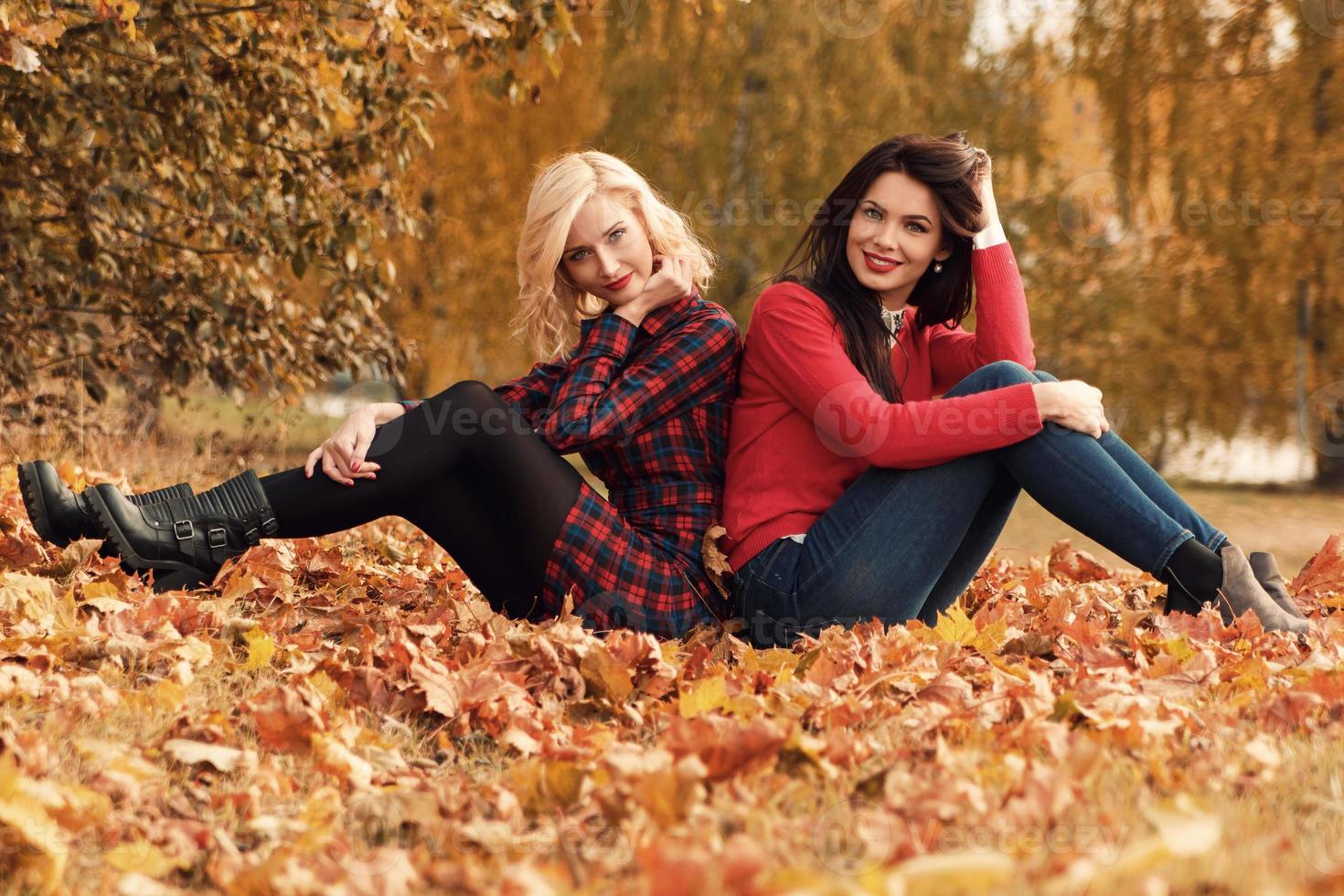 Due bellissimo ragazze amici avendo divertimento nel autunno parco foto