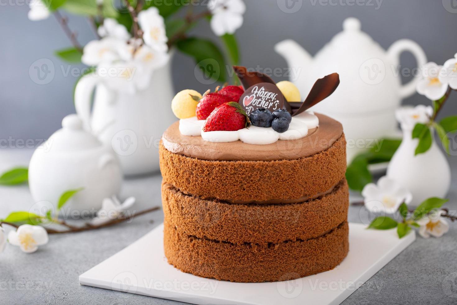 cioccolato torta per La madre di giorno con frutti di bosco e cioccolato guarnizione foto