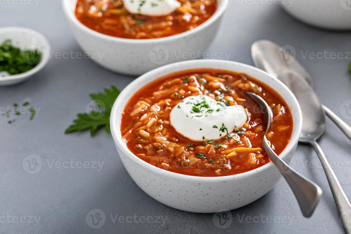 cavolo rotolo e pomodoro la minestra, polacco o ucraino ricetta foto