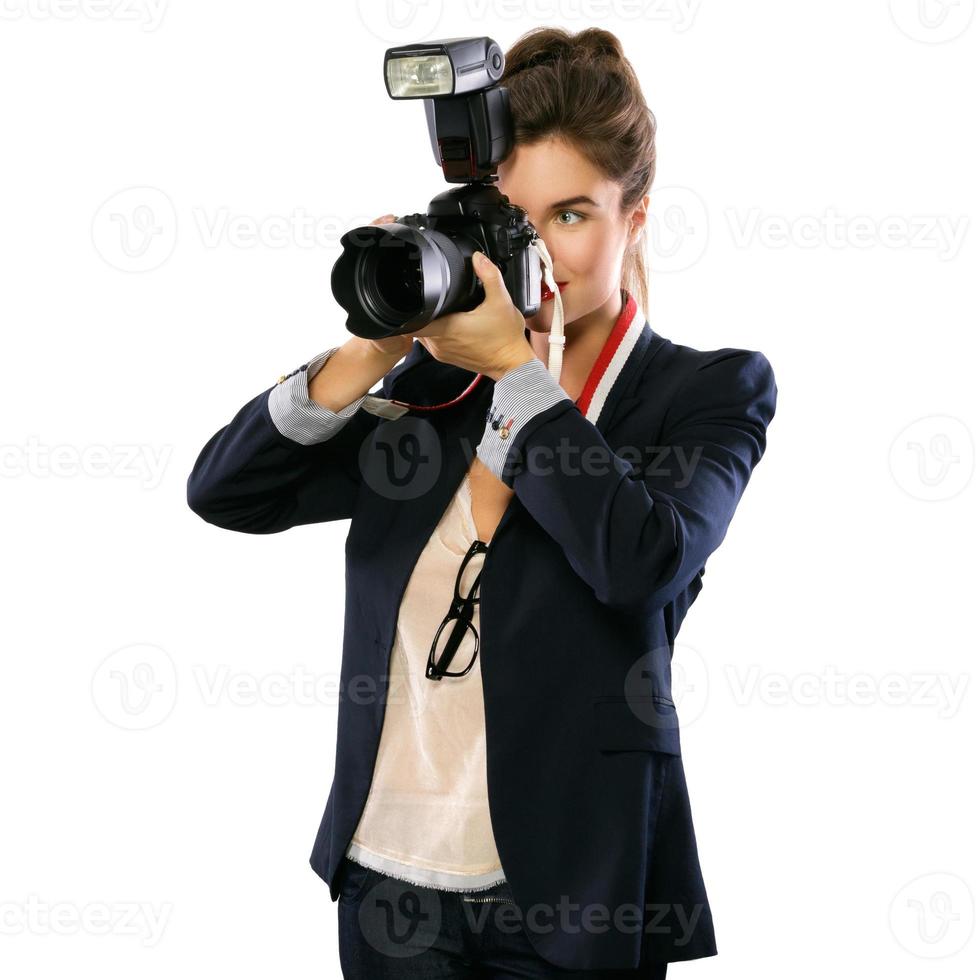 donna fotografo con un' dslr telecamera su bianca sfondo foto