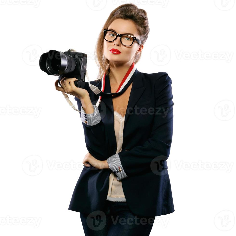 donna fotografo con un' dslr telecamera su bianca sfondo foto