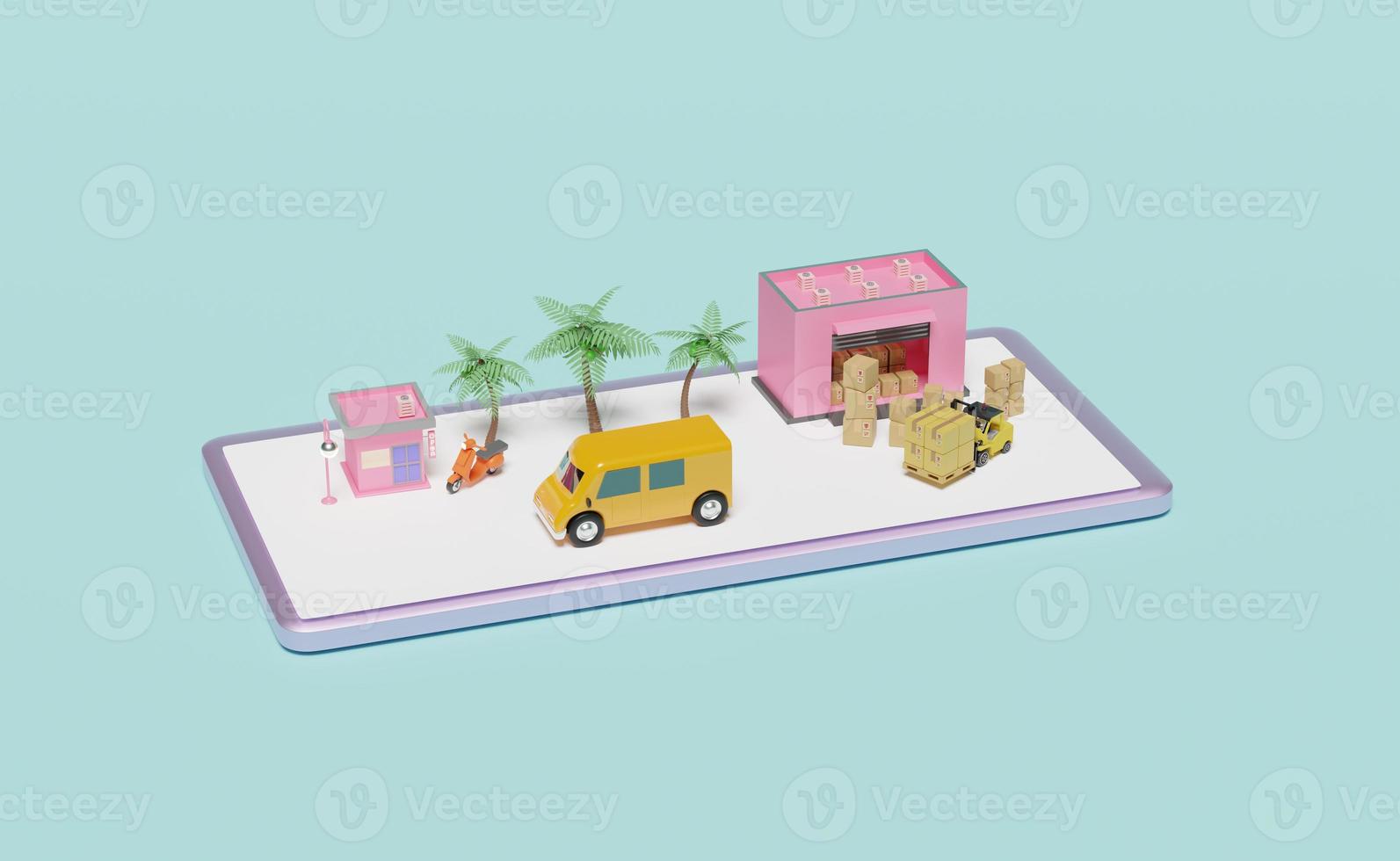 mobile Telefono, smartphone con magazzino, scooter, camion, edificio negozio negozio, carrello elevatore, scatola isolato su rosa sfondo. in linea consegna o in linea ordine puntamento concetto, 3d illustrazione, 3d rendere foto