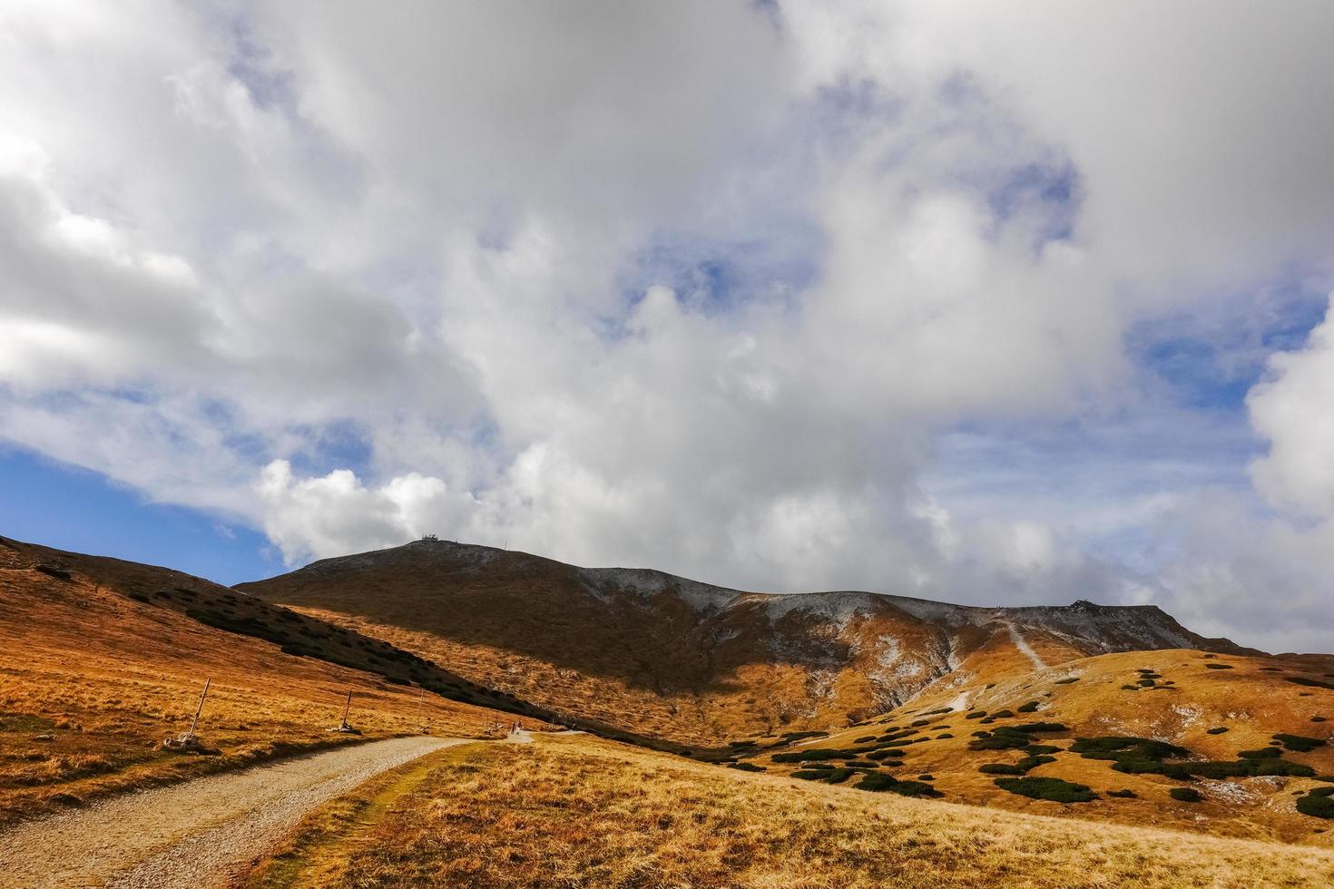 lungo sporco strada attraverso un' collinoso paesaggio a il superiore a partire dal un' montagna foto