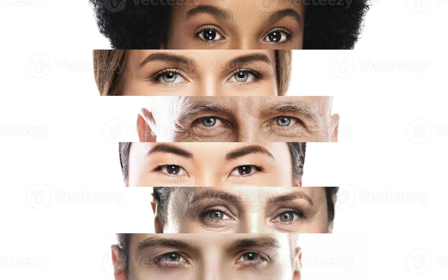collage con avvicinamento maschio e femmina occhi di diverso etnia e età foto