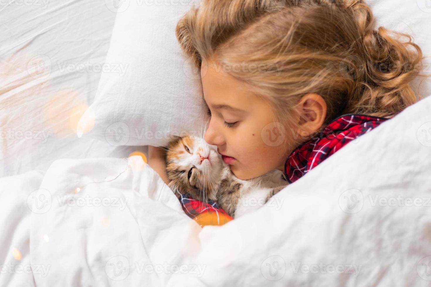 un' carino poco ragazza è addormentato dolcemente a casa nel un' coniglio con un' gattino. bianca cotone letto biancheria. Natale vacanze. bambini e animali domestici a casa foto