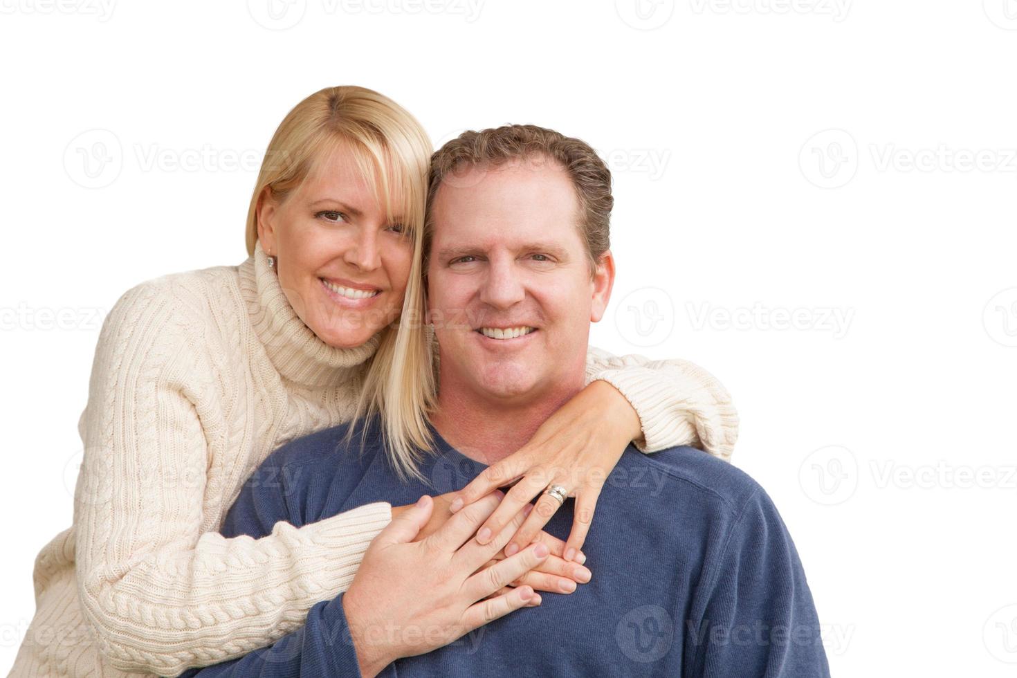 contento attraente caucasico coppia su bianca foto