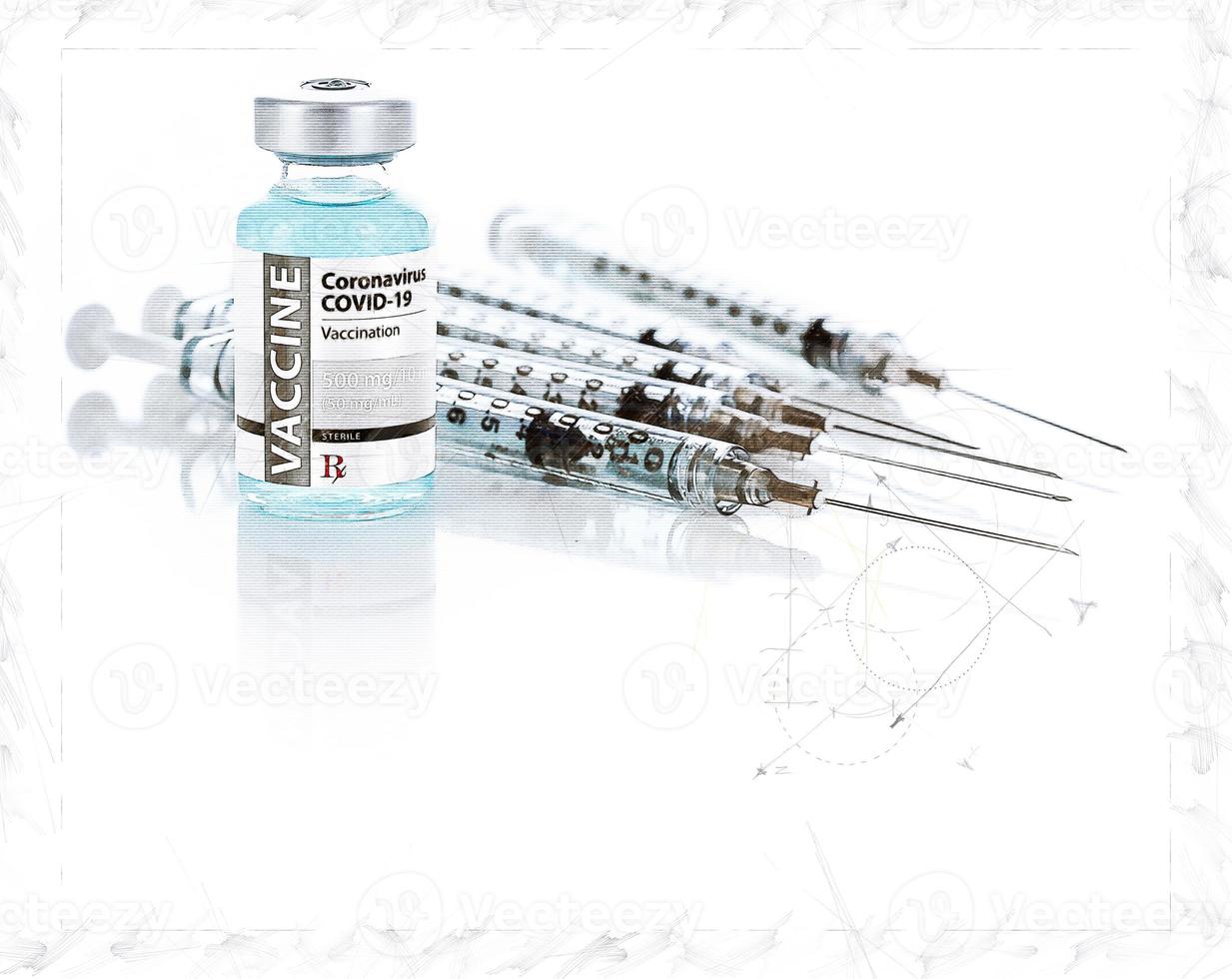 artistico interpretazione schizzo di coronavirus covid-19 vaccino fiala e parecchi siringhe su riflessivo superficie foto