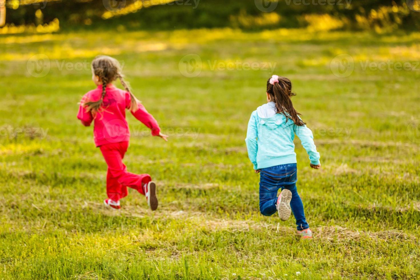 estate divertimento. poco ragazze giocare nel il campo foto