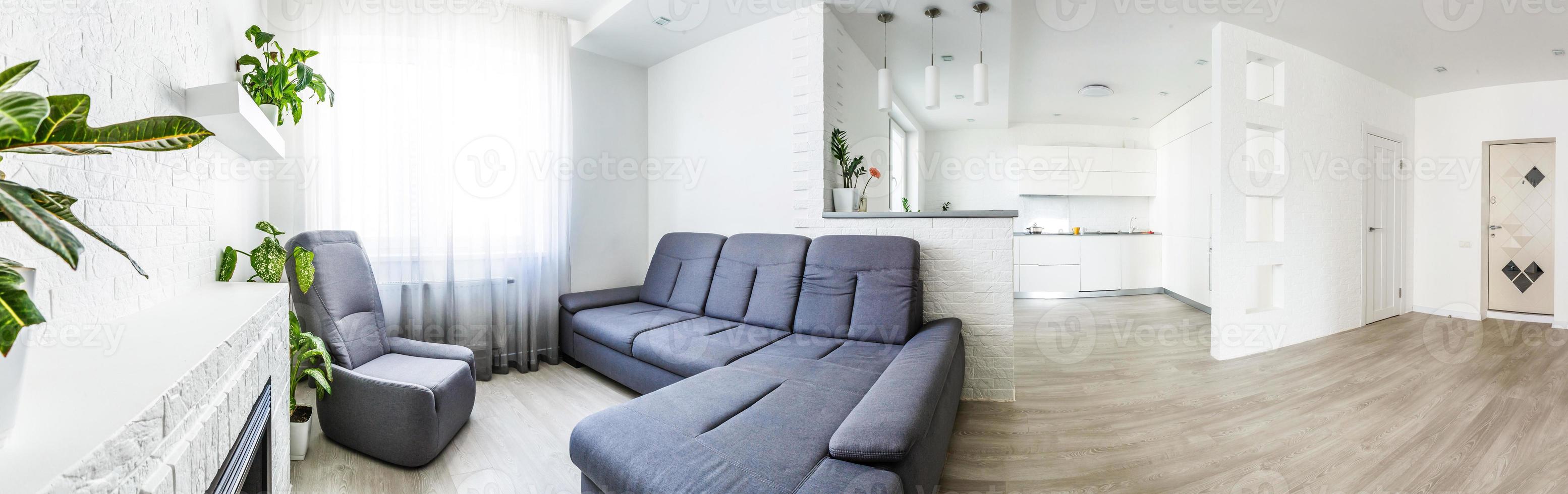 panoramico Visualizza a partire dal cucinino per Aperto vivente camera nel moderno progettato appartamento foto
