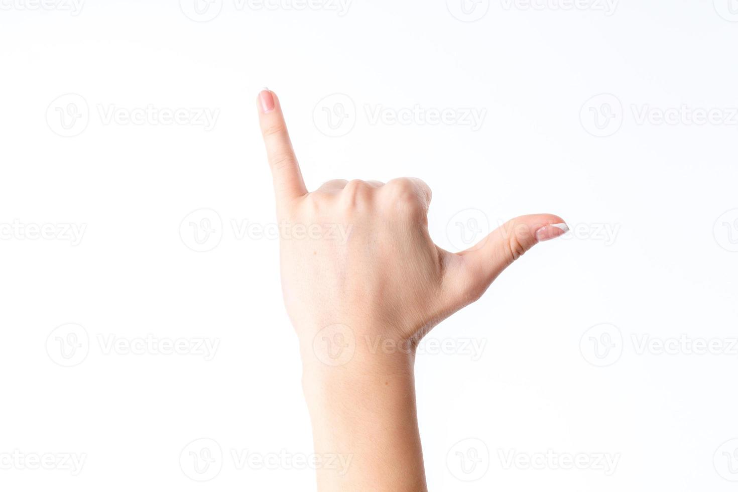 femmina mano mostrando il gesto con esteso su il poco dito e pollice è isolato su un' bianca sfondo foto