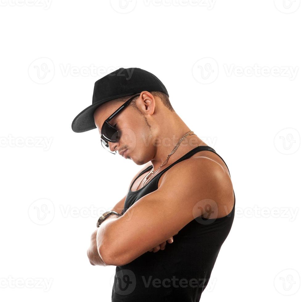 profilo ritratto di caucasico maschio nel cappello e occhiali da sole foto