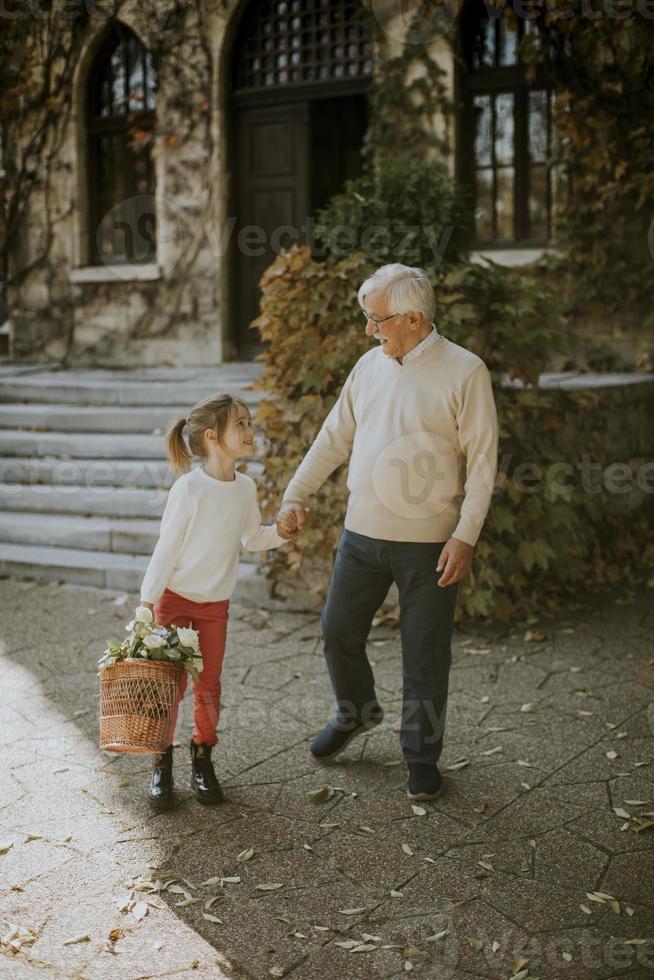 nonno avendo divertimento con il suo poco nipotina chi Tenere cestino pieno di fiori foto