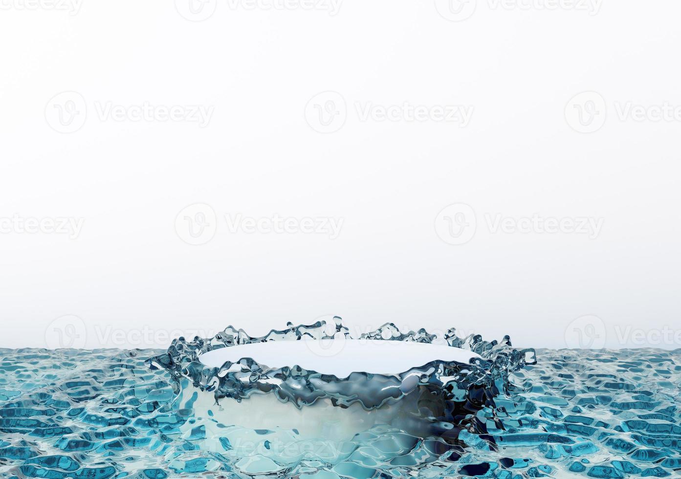 bianca podio nel blu acqua su il bianca sfondo. podio per Prodotto, cosmetico presentazione. creativo finto su. piedistallo o piattaforma per bellezza prodotti. 3d rendering, 3d illustrazione. foto