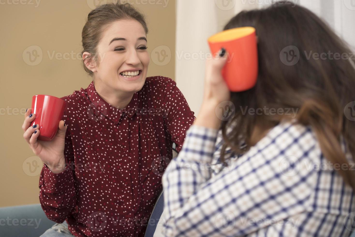 migliore amici avendo divertimento a casa. giovane donne avendo conversazione. foto