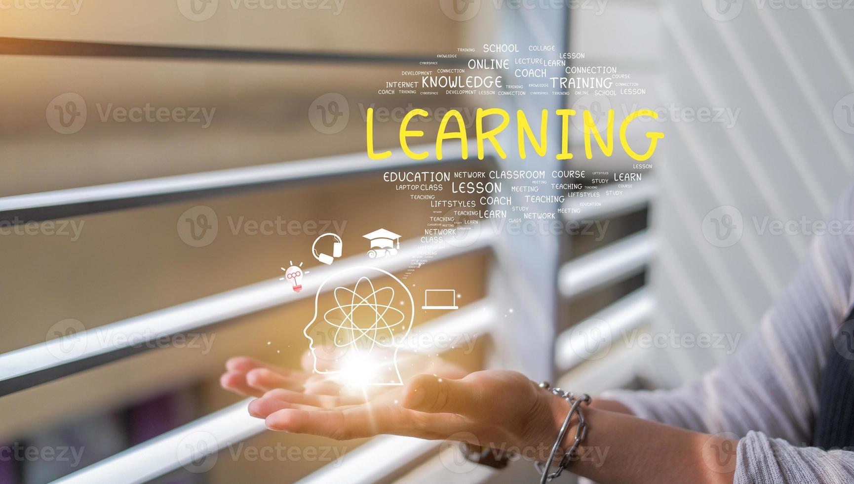 e-learning formazione scolastica concetto in linea apprendimento con webinar, video tutorial, Internet Lezioni foto