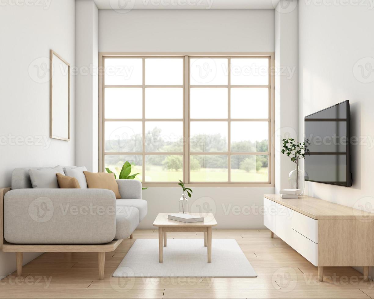 giappone stile vivente camera decorato con minimalista divano e tv mobiletto. 3d interpretazione foto