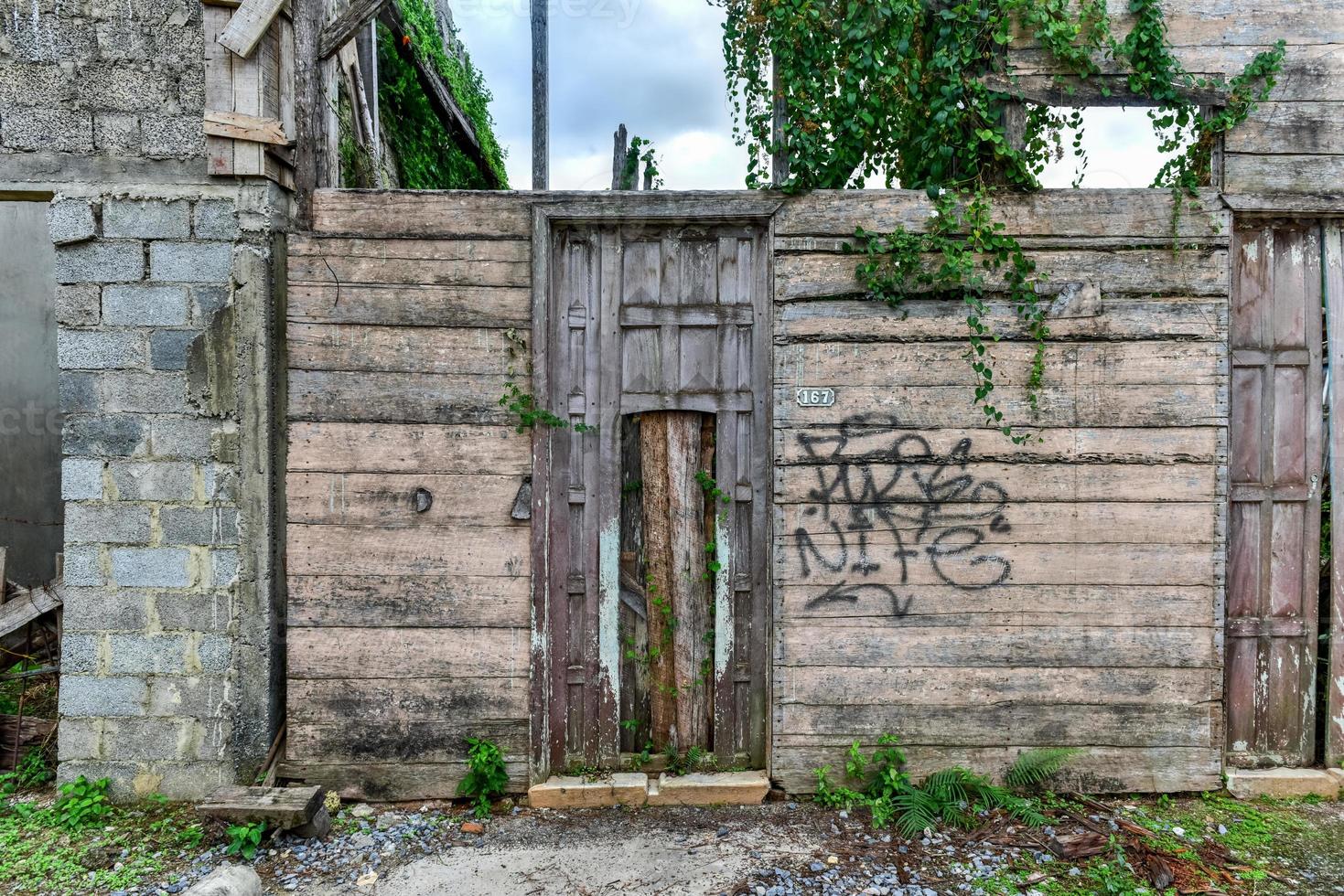 abbandonati di legno edificio con un' albero in crescita attraverso esso nel vinali, Cuba. foto