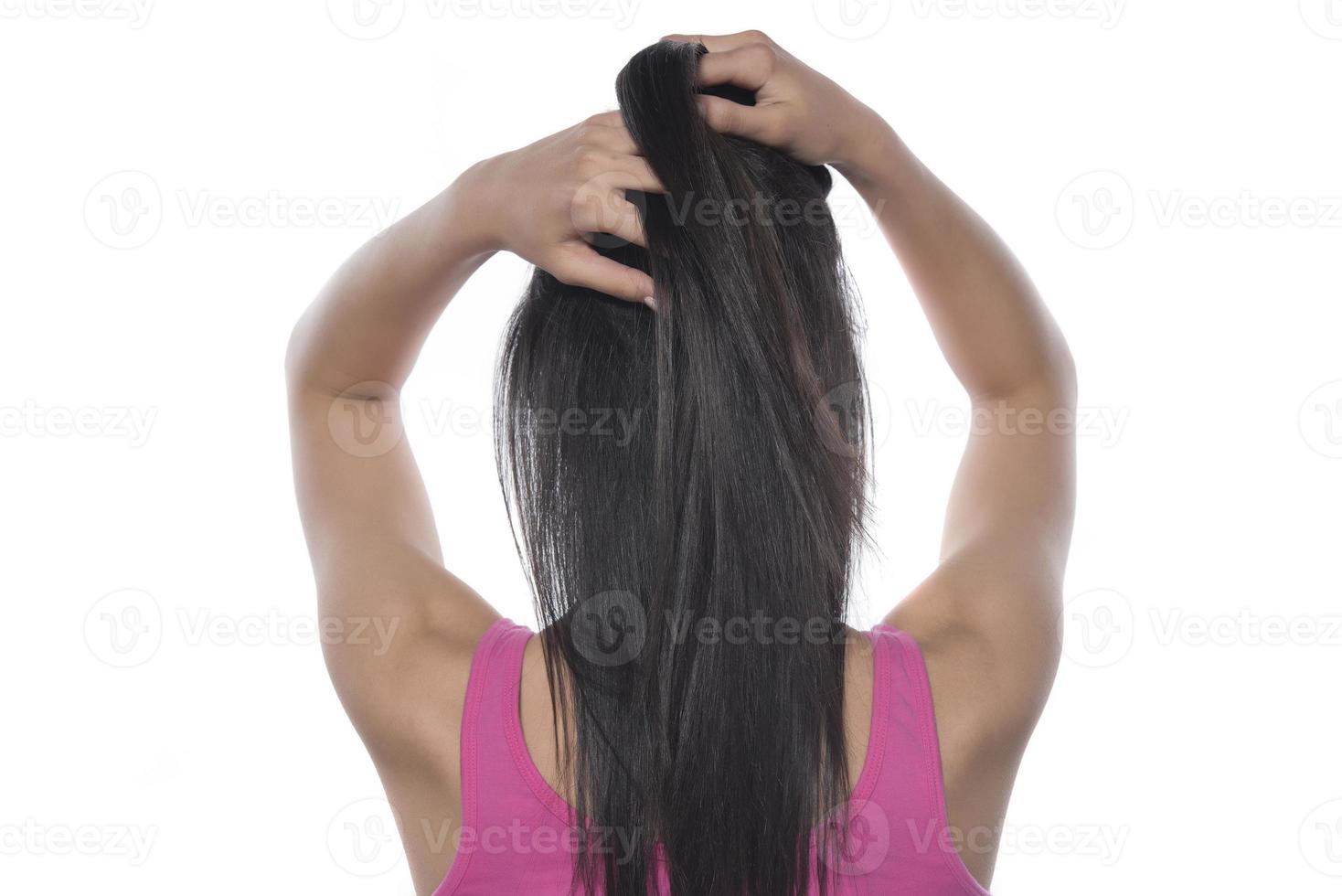 bellissimo liscio lungo nero capelli donna ritratto isolato su bianca foto