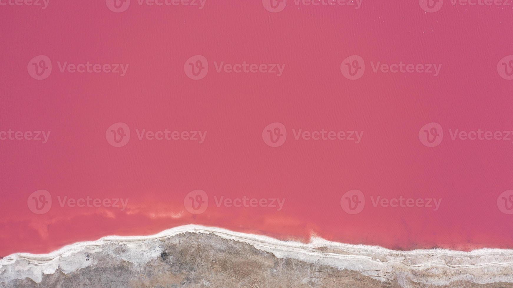 sorvolando un lago salato rosa. impianti di produzione del sale campi di laghetti di evaporazione salina nel lago salato. dunaliella salina impartisce un'acqua rossa e rosa in un lago minerale con costa salata cristallizzata secca. foto