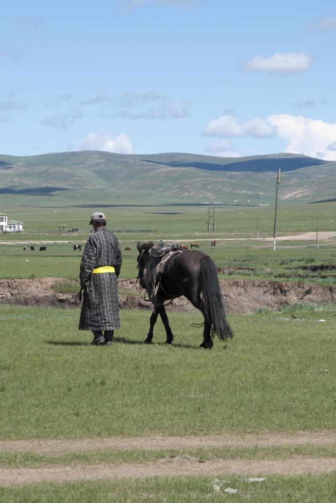 irriconoscibile uomo con tradizionale mongolo Abiti a piedi Il prossimo per il suo cavallo foto