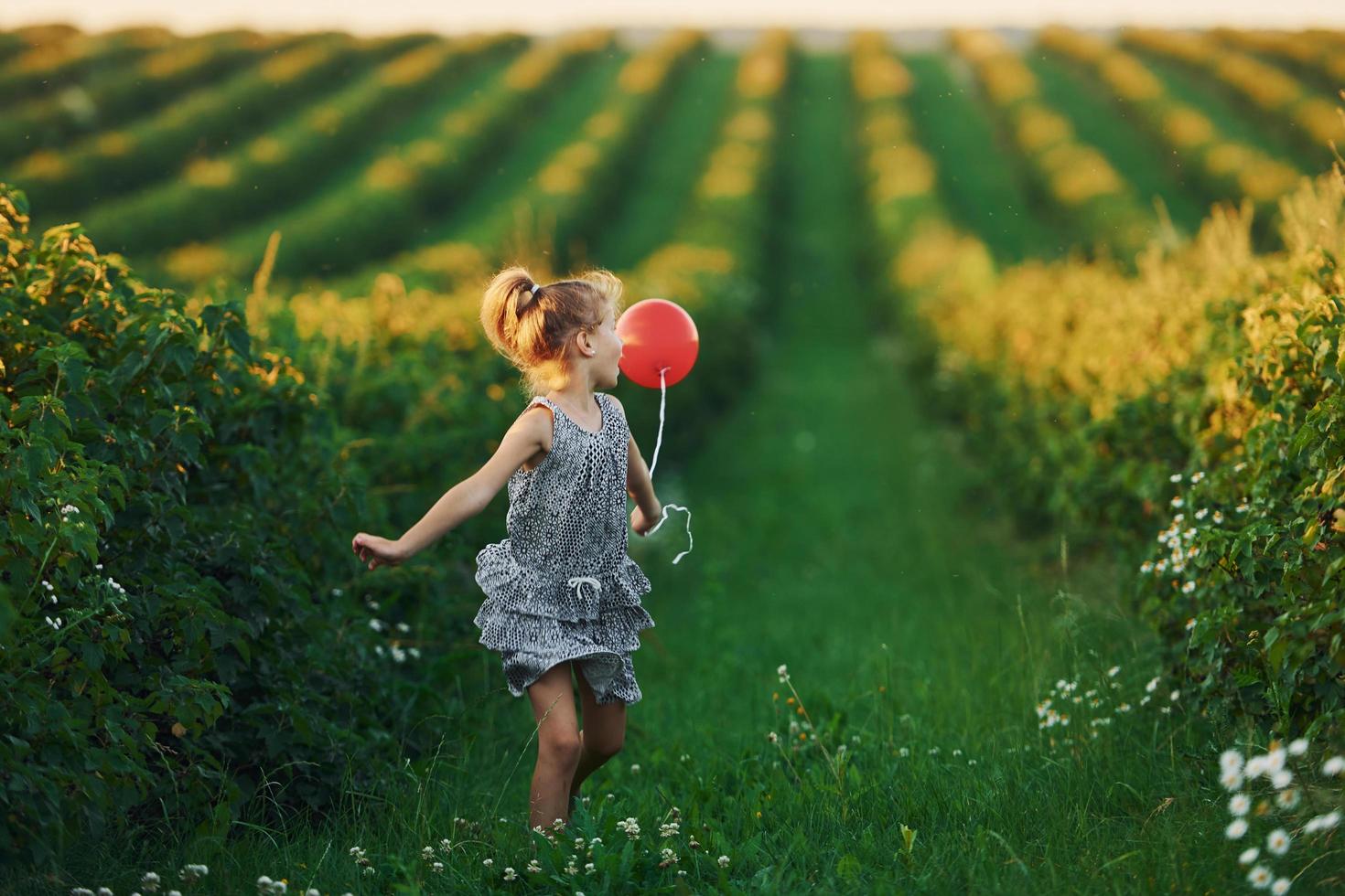 positivo poco ragazza con rosso Palloncino nel mani avere divertimento su il campo a estate giorno tempo foto