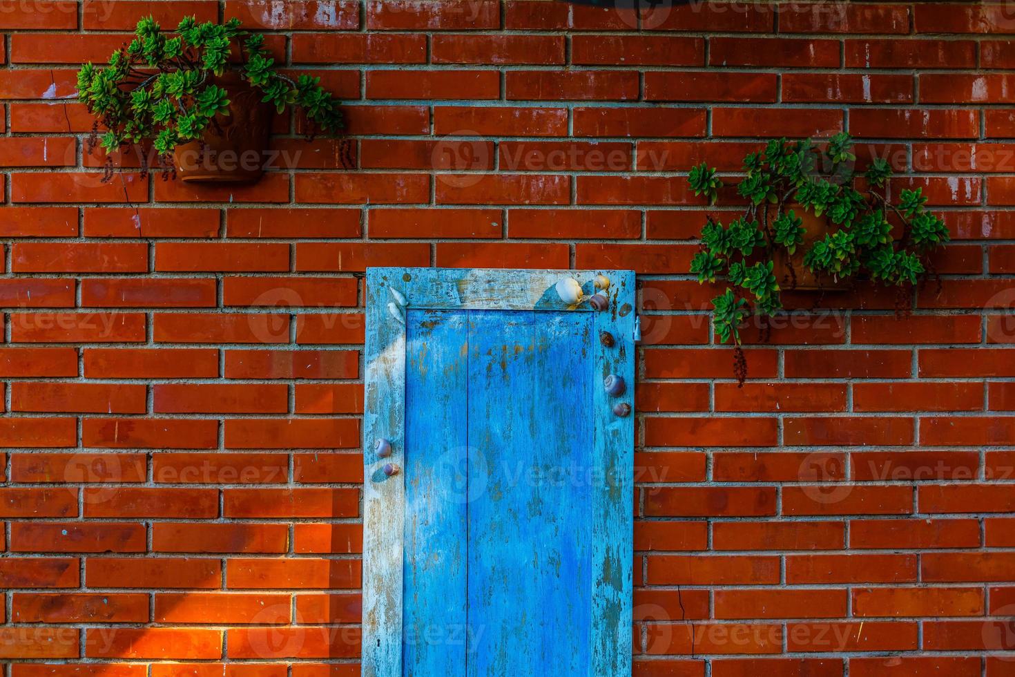 vecchio blu porta con lumache e mattone parete foto