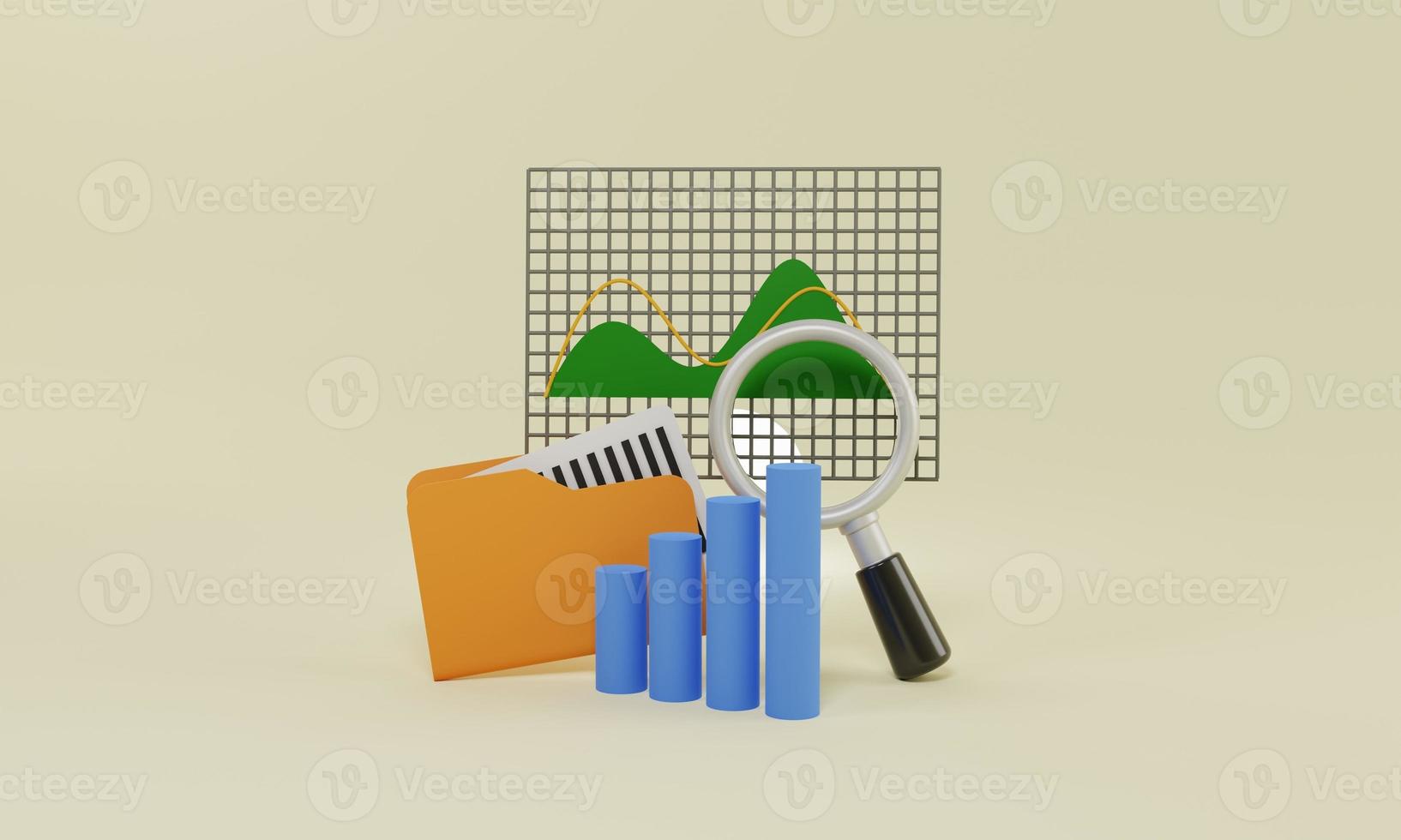 3d illustrazione dati analisi attività commerciale. cartella bianca carta. ingrandimento bicchiere e grafico. foto