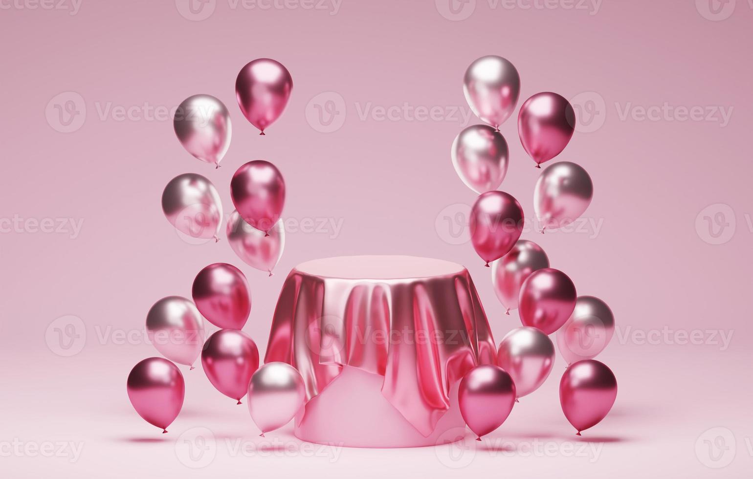 rosa seta su podi con rosa palloncini lusso rosa astratto sfondo per san valentino. 3d illustrazione, 3d interpretazione foto