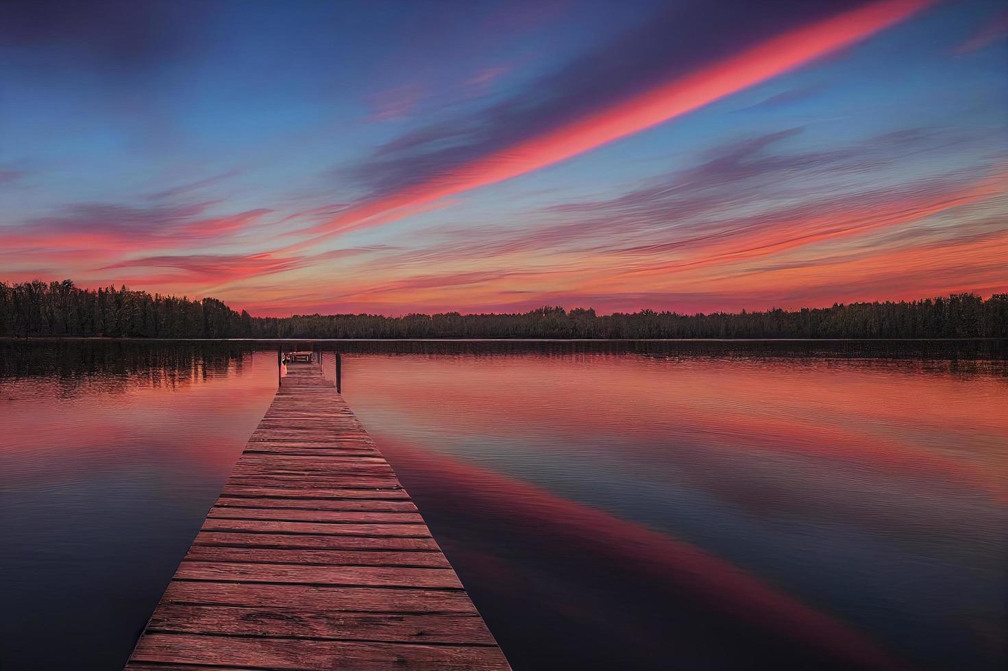 colorfull di legno molo su un' lago quello è totalmente calma durante tramonto foto