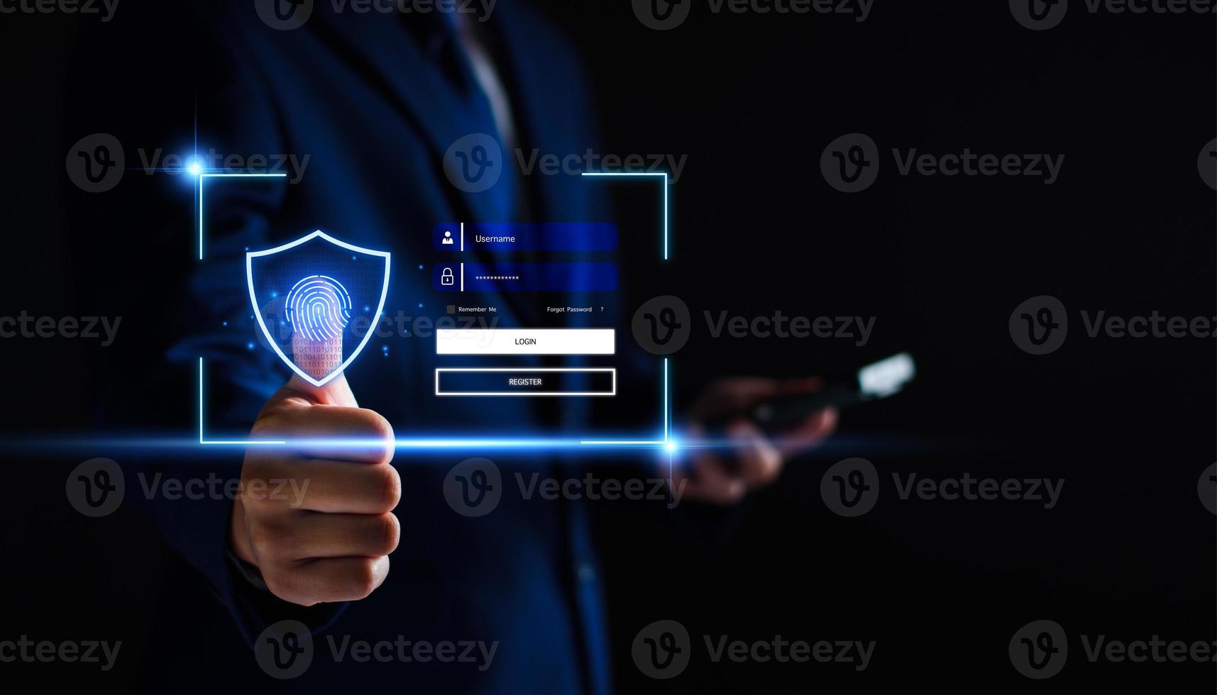 informatica sicurezza concetto. utente vita privata sicurezza e crittografia, sicuro Internet accesso futuro tecnologia e cibernetica, schermo lucchetto, biotico accesso tecnologia impronta digitale scansione. vita privata protezione foto