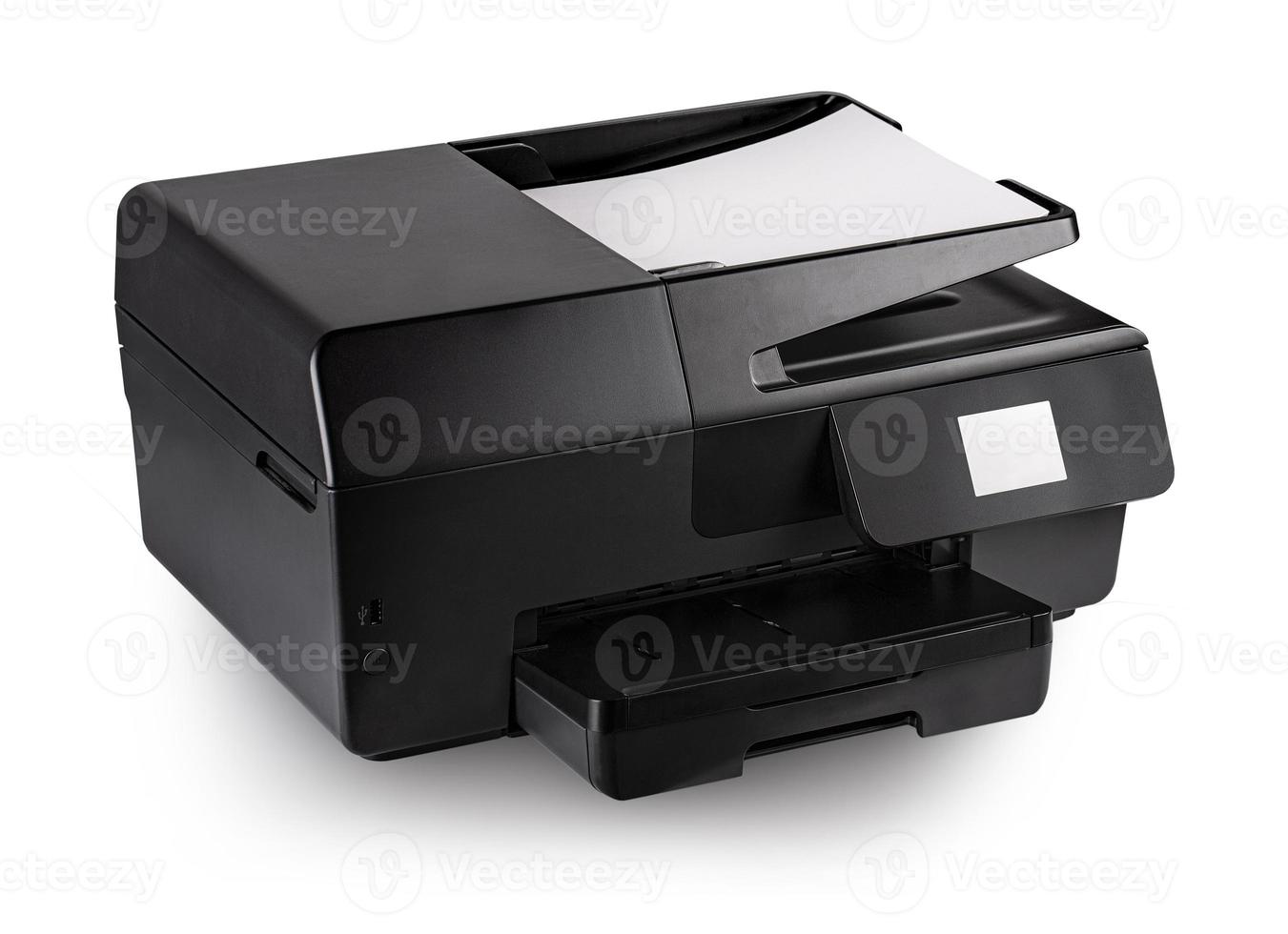 moderno multifunzione nero getto d'inchiostro stampante con carta isolato su bianca sfondo foto