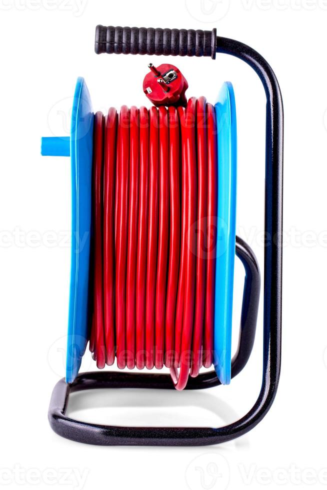elettrico estensione bobina, rosso gomma da cancellare guanti isolato su bianca sfondo. foto