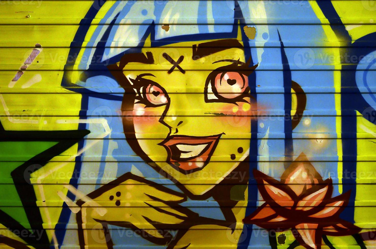 il struttura di il parete, decorato nel graffiti disegno con il Immagine di un' bella ragazza con blu capelli foto