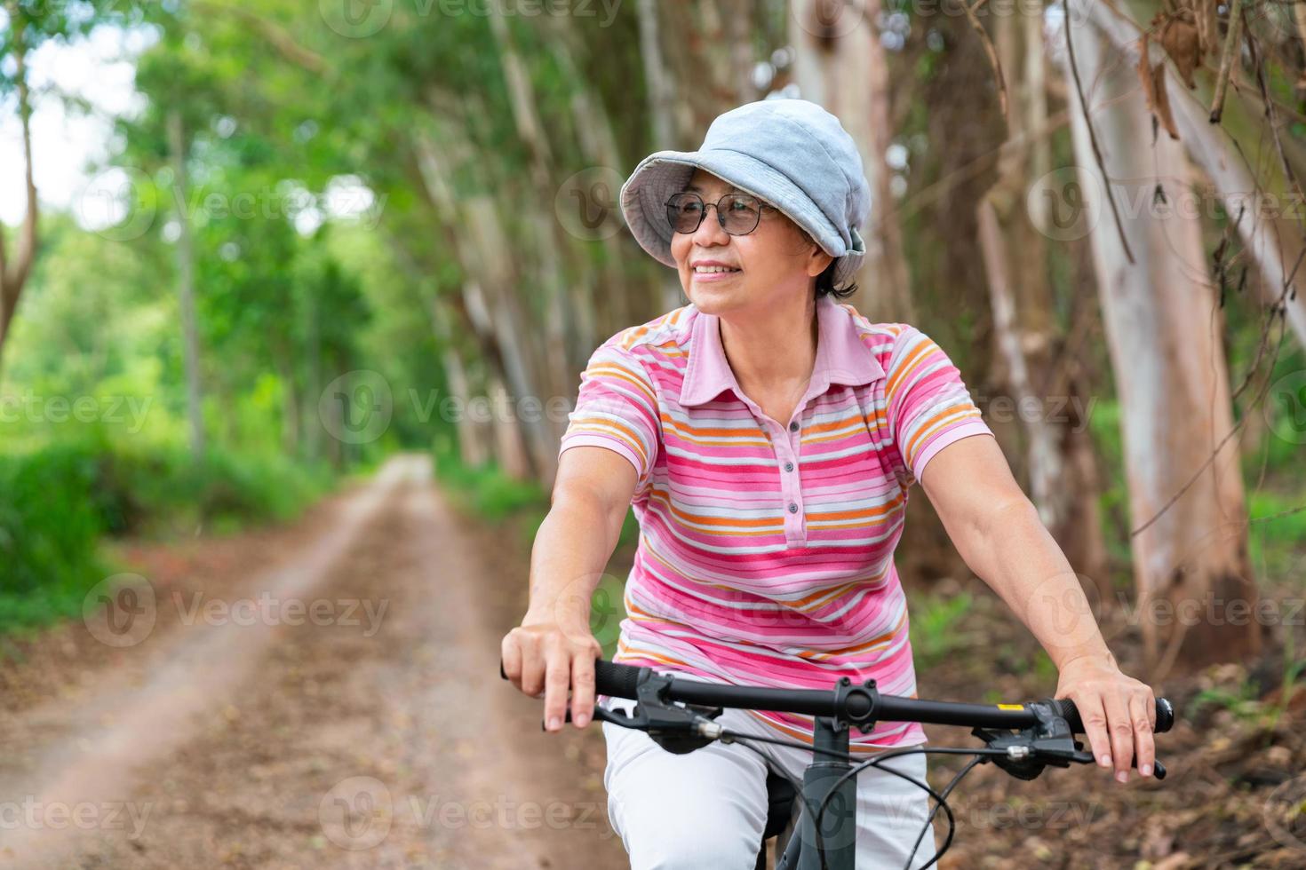 anziano attività commerciale donna, femmina, cavalcata o bicicletta montagna bicicletta nel nazione parco vicino casa cittadina per salutare esercizio nel estate fine settimana foto