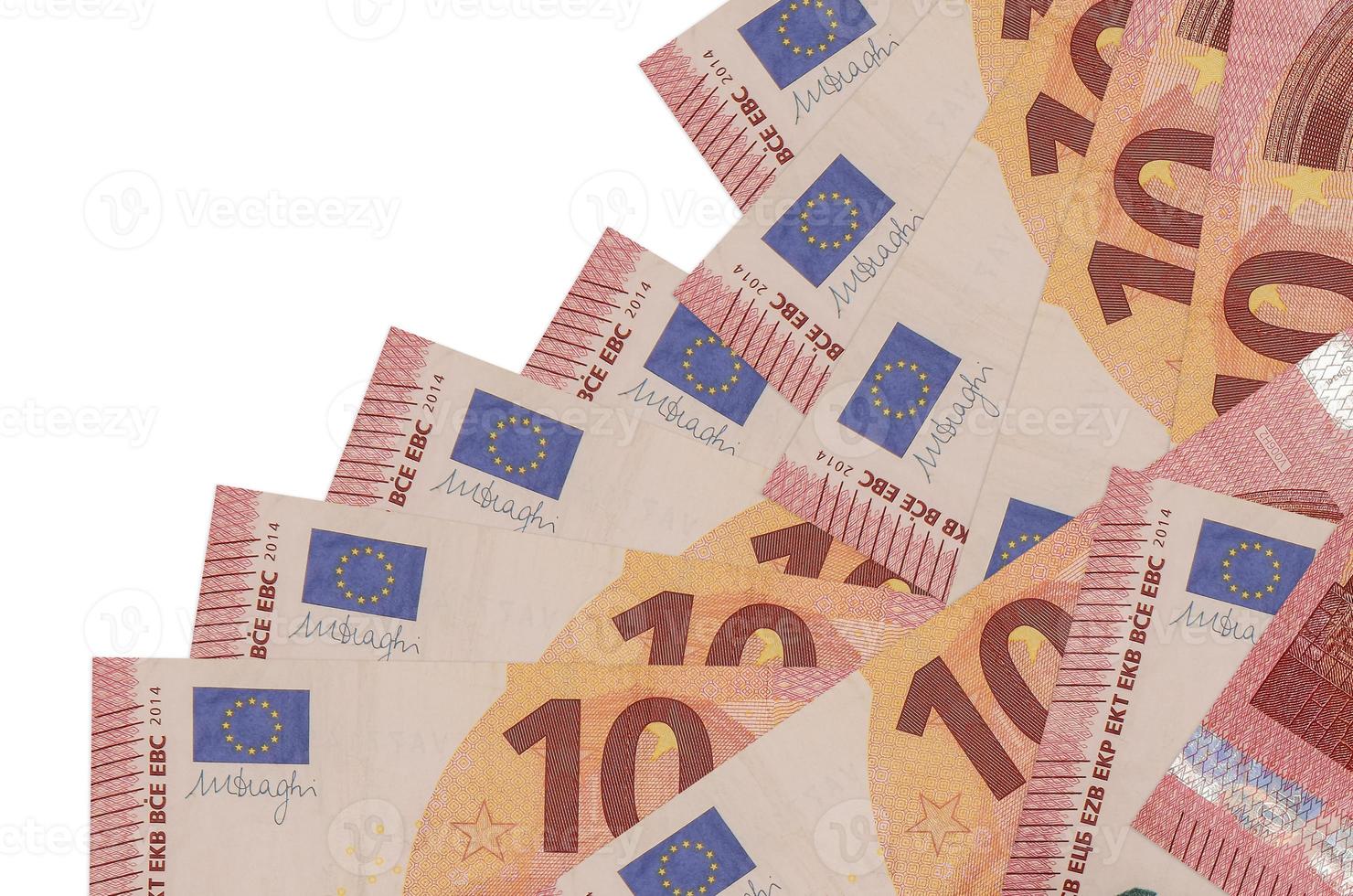 10 Euro fatture bugie nel diverso ordine isolato su bianca. Locale bancario o i soldi fabbricazione concetto foto