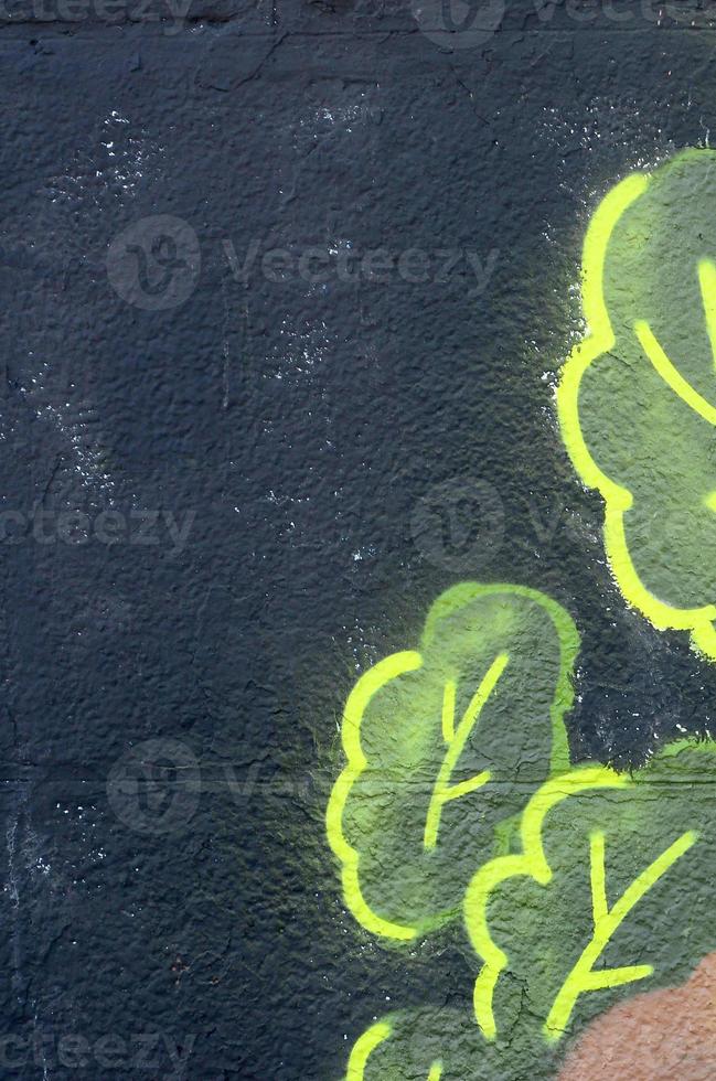 frammento di graffiti disegni. il vecchio parete decorato con dipingere macchie nel il stile di strada arte cultura. quercia le foglie e ghiande foto