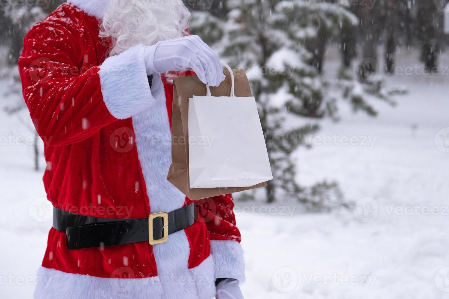 Santa Claus all'aperto nel inverno e neve passaggio nel mano carta borse con mestiere regalo, cibo consegna. acquisti, confezione raccolta differenziata, fatto a mano, consegna per Natale e nuovo anno foto