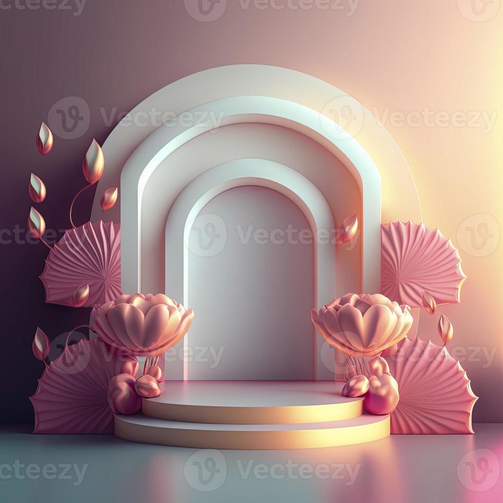 3d illustrazione di podio con astratto fiore ghirlanda ornamento per negozio Prodotto promozione foto