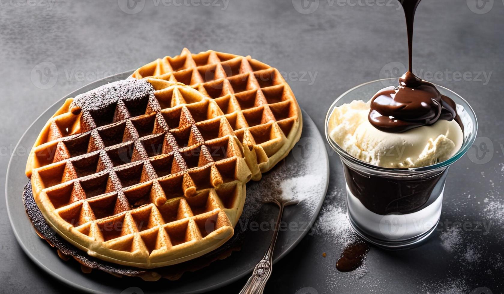 professionale cibo fotografia vicino su di un' piatto di belga cialde con cioccolato salsa e ghiaccio crema su un' buio grigio sfondo foto