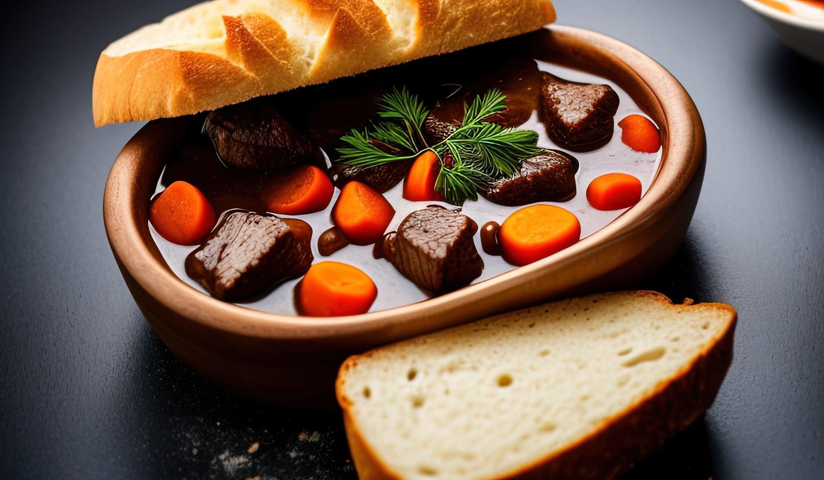 professionale cibo fotografia vicino su di un' un' ciotola di Manzo stufato con pane su il lato foto