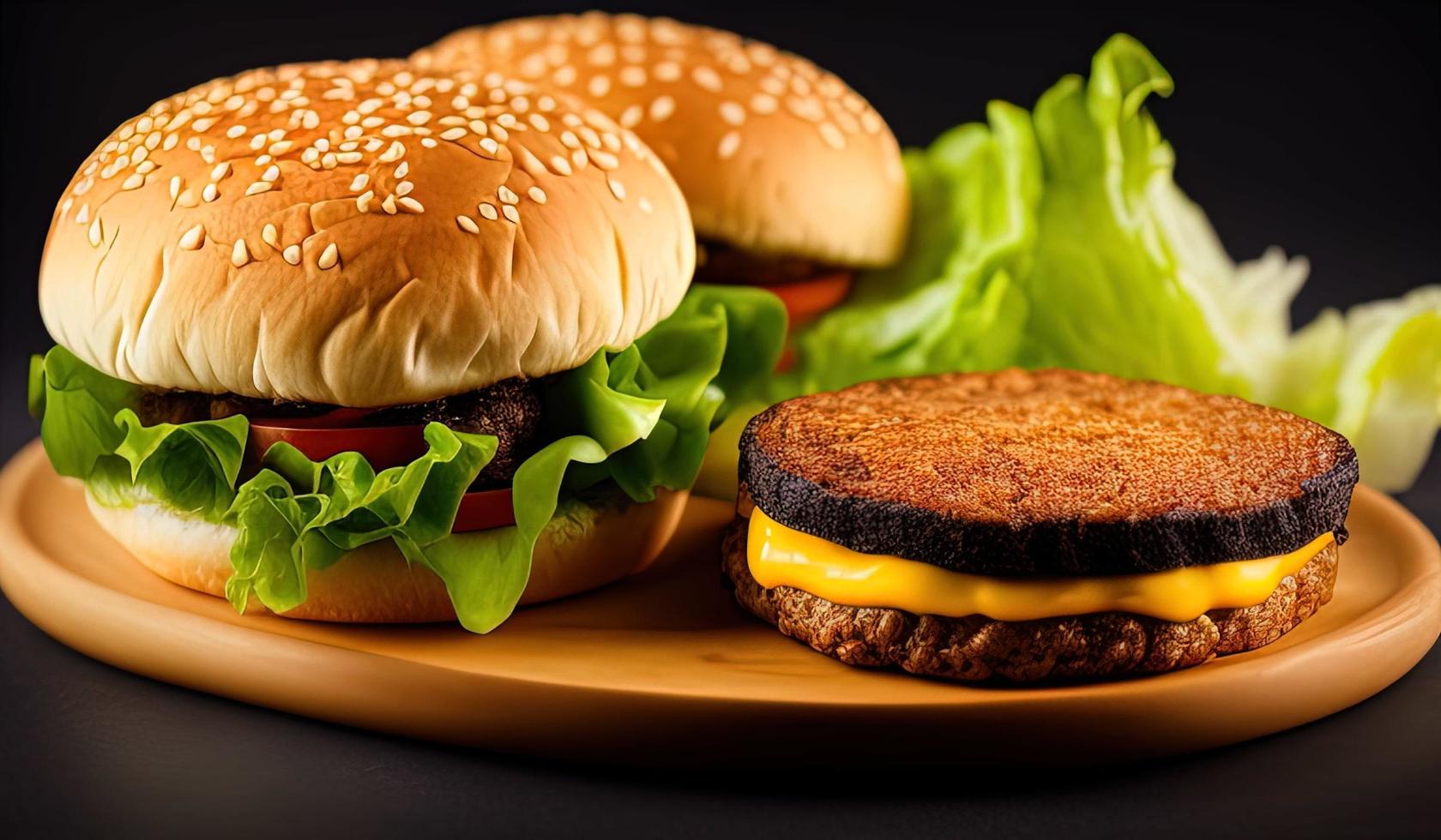 professionale cibo fotografia vicino su di un' un' Hamburger con lattuga e pomodoro su un' nero backgroun foto