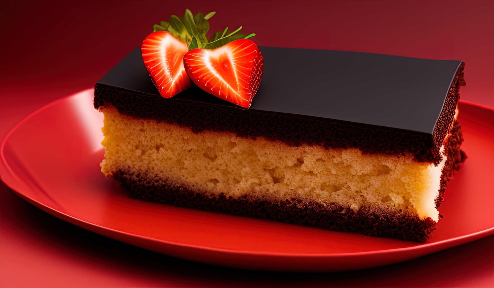 professionale cibo fotografia di un' pezzo di torta seduta su superiore di un' rosso piatto foto