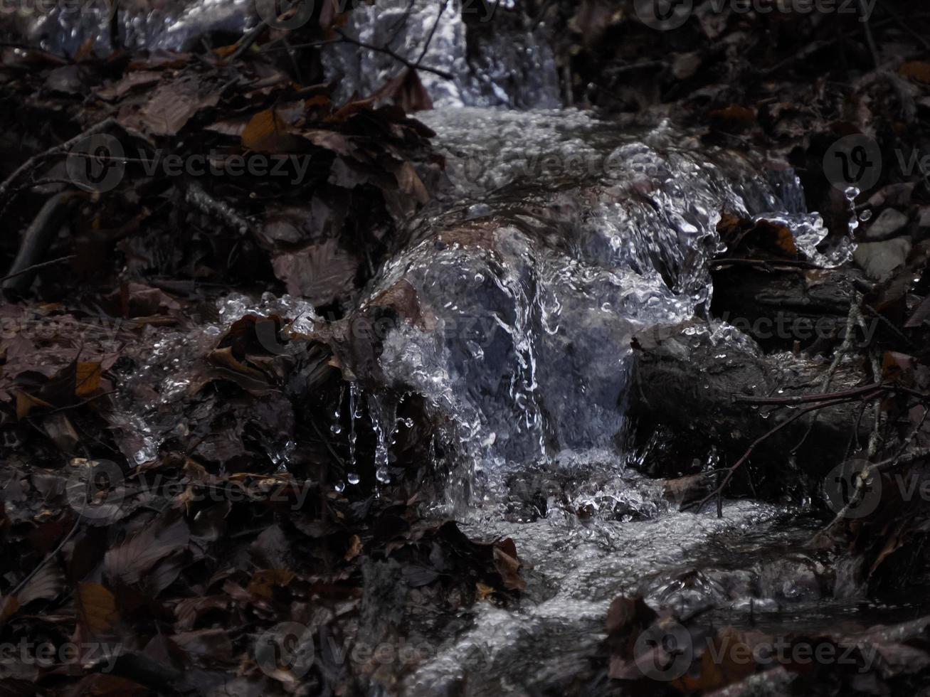 piccolo fluente fiume dovuto per neve fusione formatura un' pulito cascata con fresco freddo acqua circondato di vegetazione montagna foto