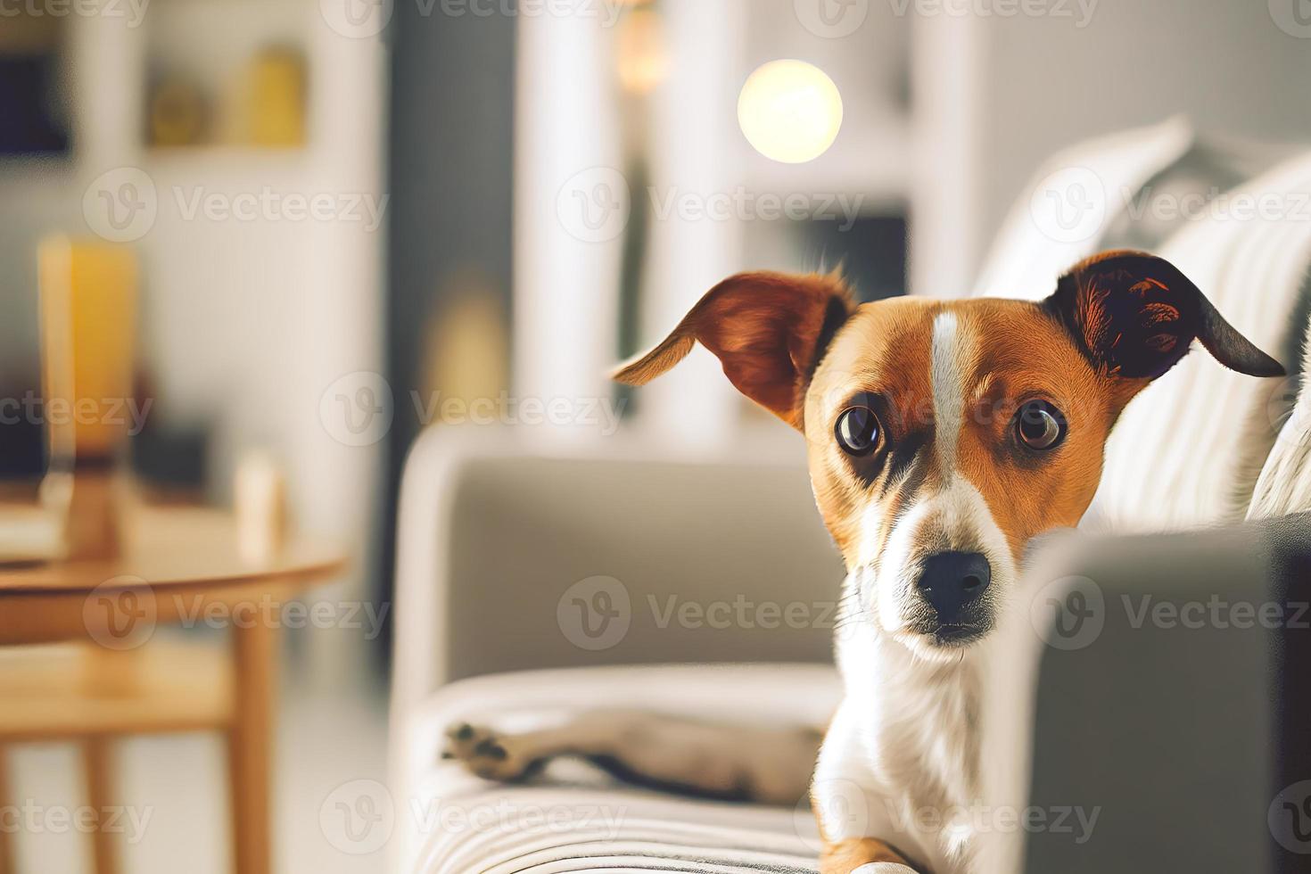 vicino su di un' amichevole cane oziare nel camera con bianca mobilia sfondo. foto