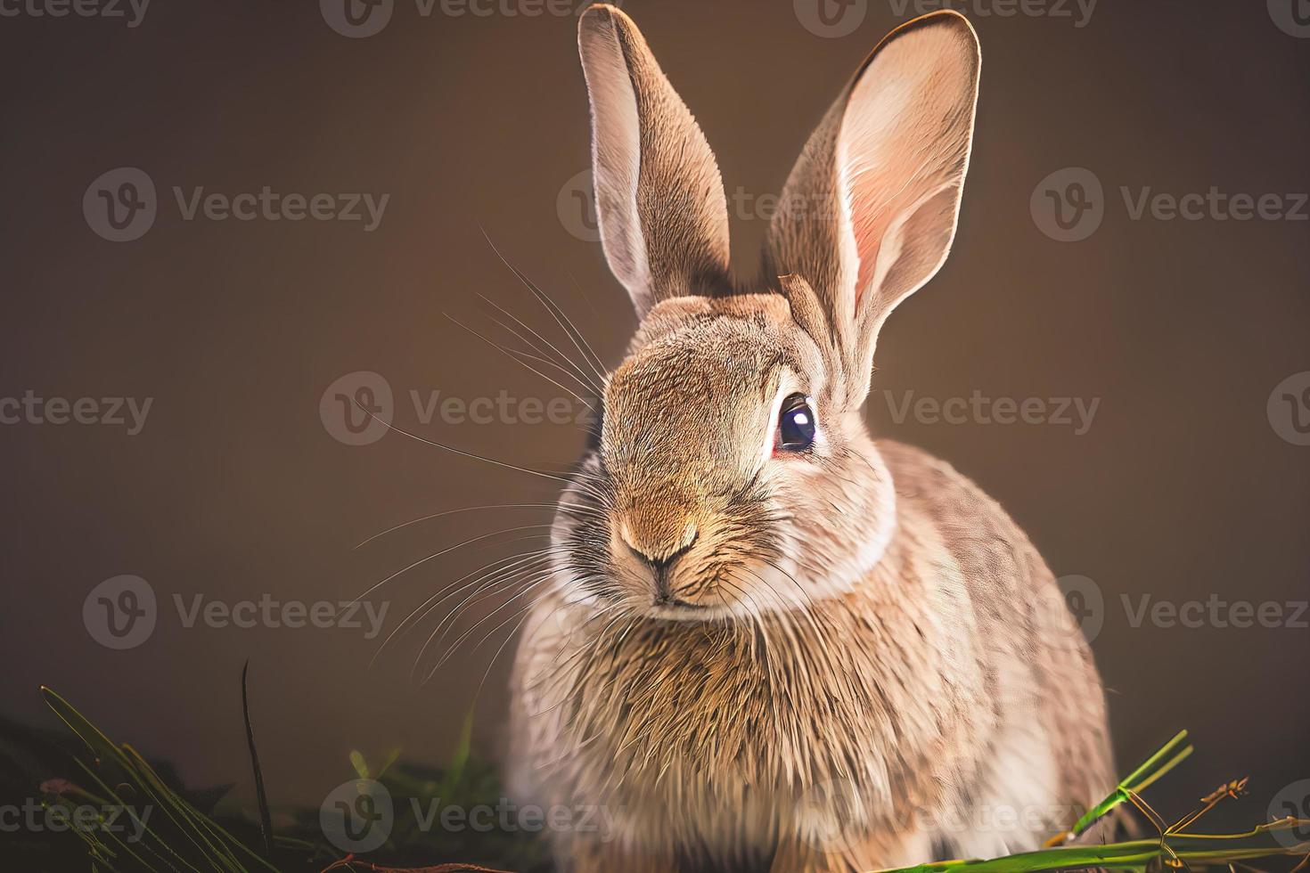 adorabile avvicinamento di un' piccolo coniglio seduta in mezzo verde erba. Perfetto per in mostra il carino e soffice lato di natura foto